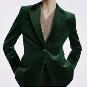Zara Women Velvet Blazer Green Jacket Metal Button M